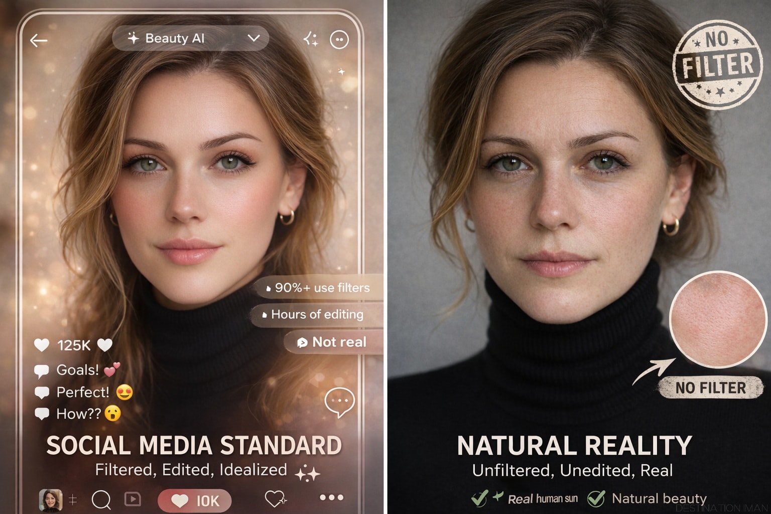 Split comparison showing left side with woman using Beauty AI filter in Instagram interface with perfect smooth skin and 125K likes versus right side showing same woman unfiltered with visible natural skin texture and NO FILTER badge