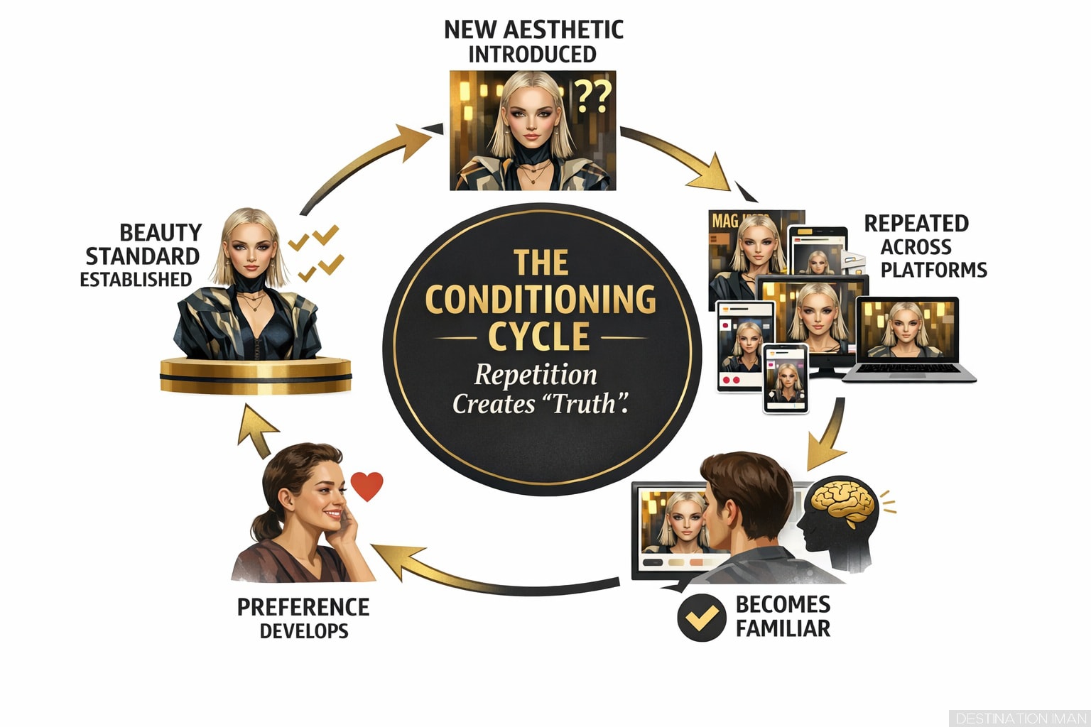 Circular diagram showing media conditioning process: novel aesthetic introduced → repeated across platforms → becomes familiar → preference develops → standard established → cycle reinforces, with magazine covers, ads, social media feeds flowing through stages