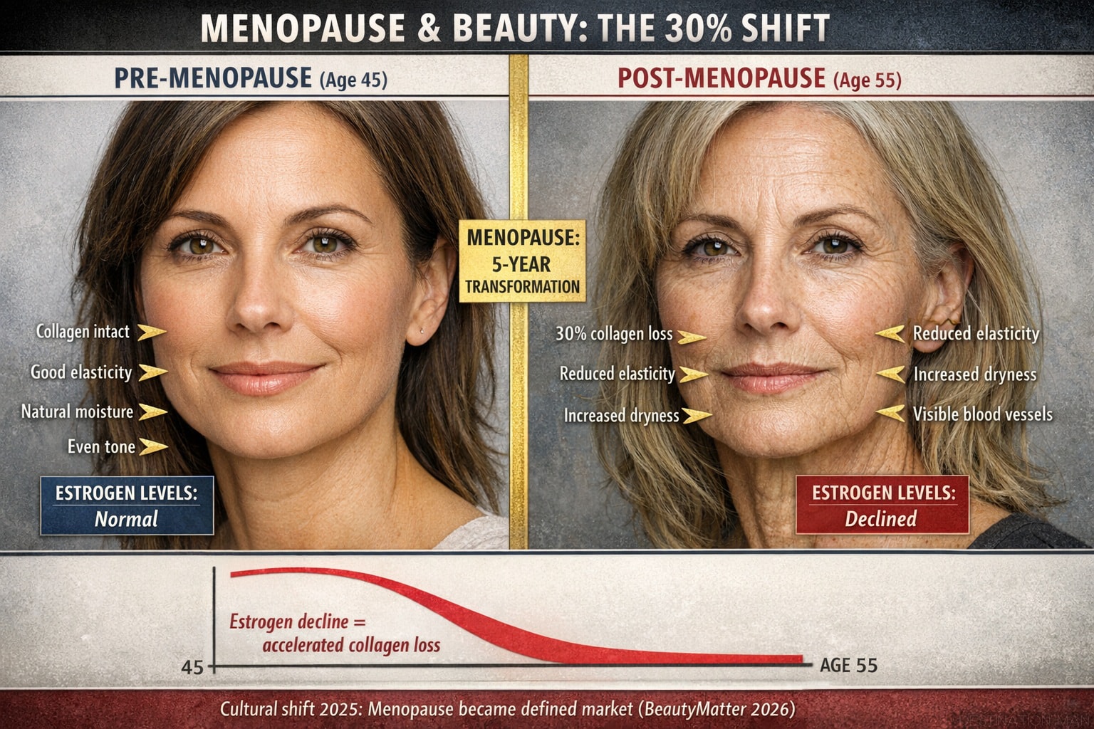 Split comparison showing pre-menopause skin at 45 (intact collagen, good elasticity) versus post-menopause skin at 55 (30% collagen loss, reduced elasticity, increased dryness)