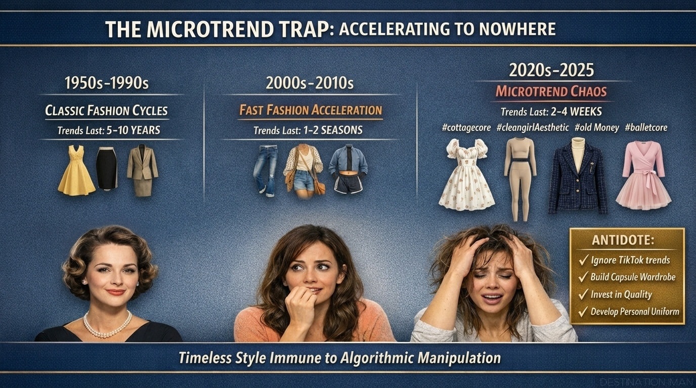 Timeline showing fashion trend lifespan evolution: 1950s-1990s trends lasted 5-10 years, 2000s-2010s lasted 1-2 seasons, 2020s-2025 microtrends last 2-4 weeks