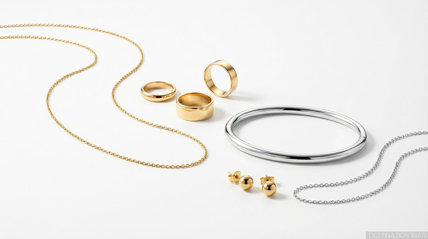 Minimal gold and silver jewelry pieces - delicate chains, simple rings, classic bracelets arranged elegantly