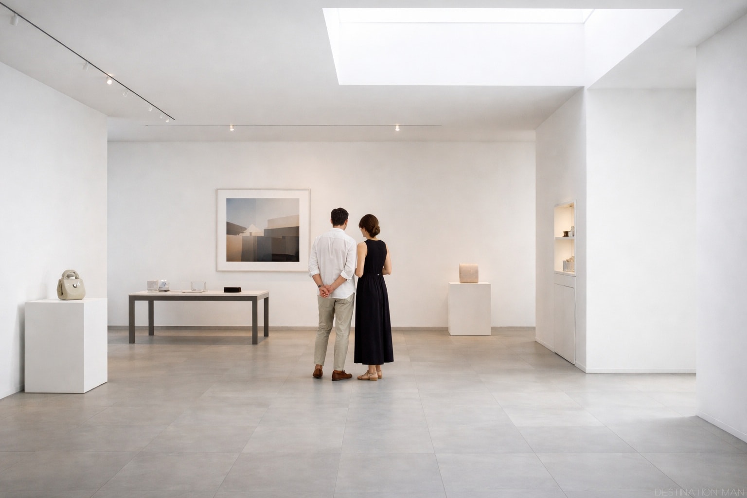 Minimalist white gallery or retail space with abundant negative space, sparse elegant displays, and natural skylight demonstrating luxury through emptiness