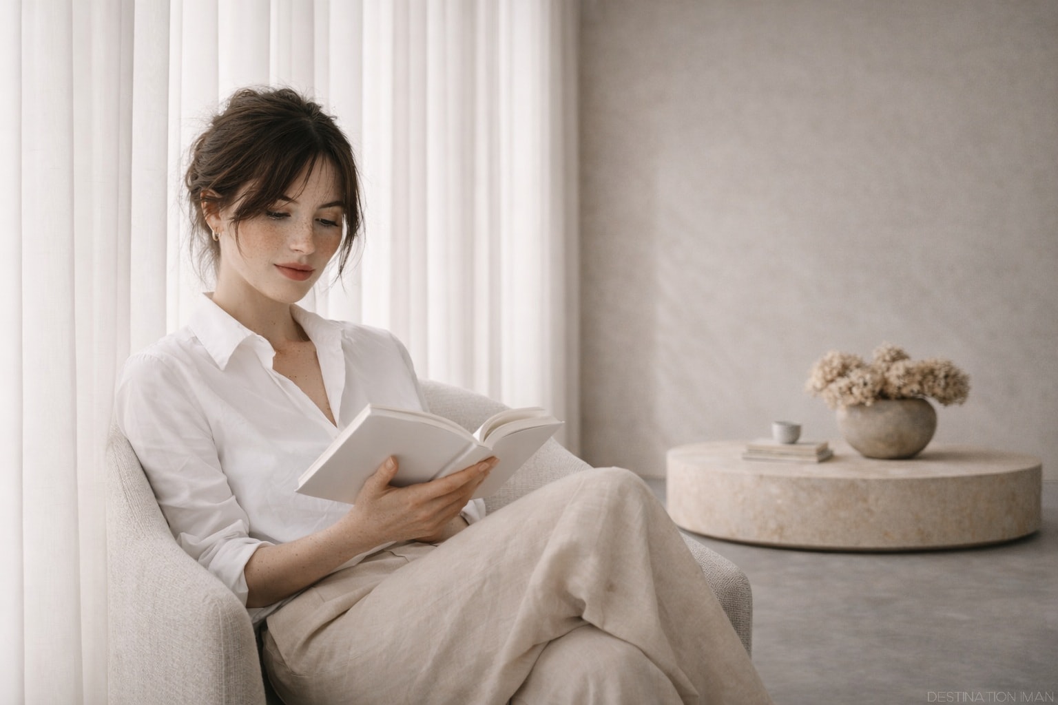 Woman reading in minimalist interior demonstrating slowness, contemplation, and resistance to visual acceleration through restrained lifestyle