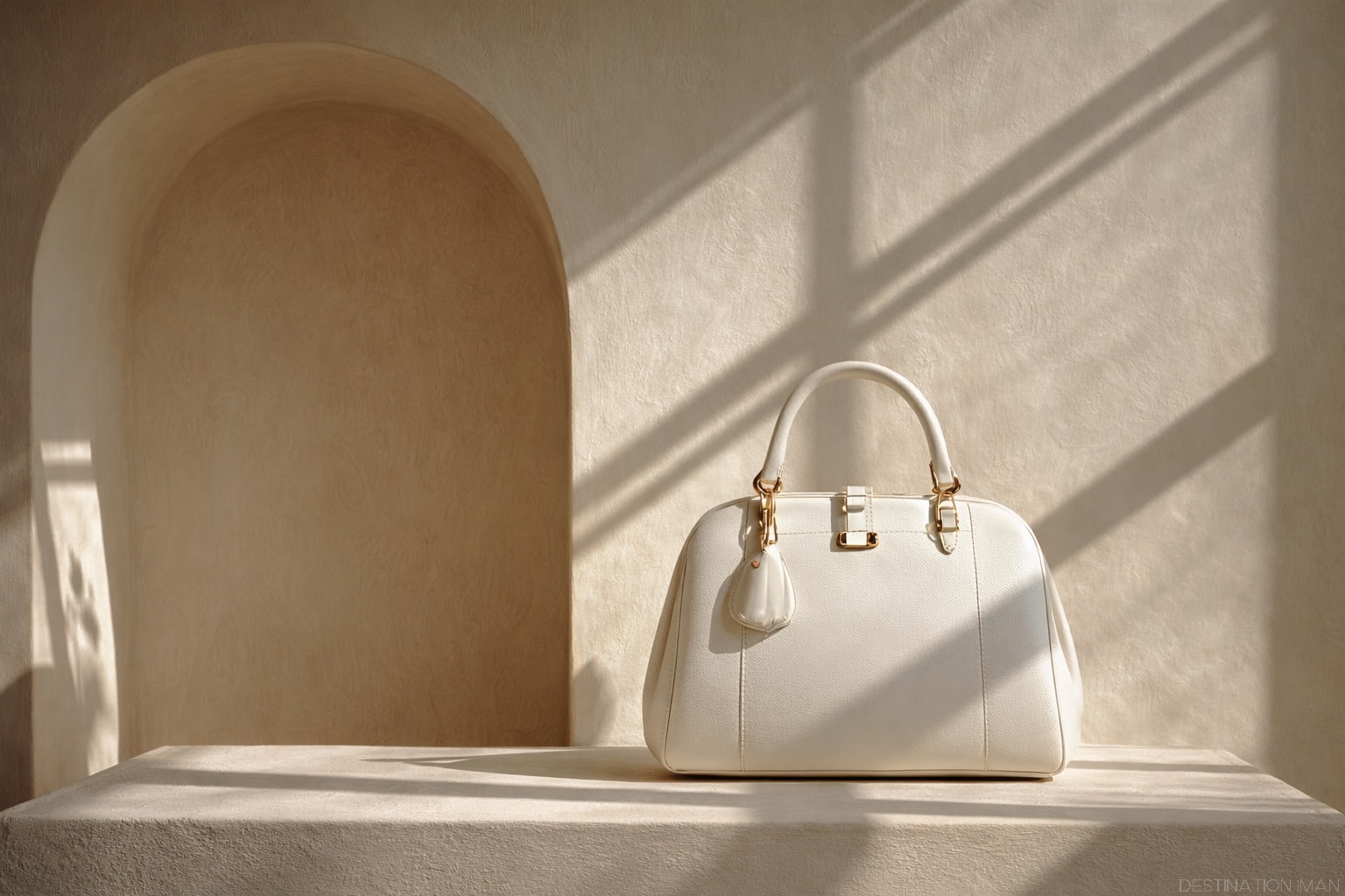 Minimalist white luxury handbag with gold hardware in architectural setting with natural light and shadows demonstrating luxury through restraint and singular focus