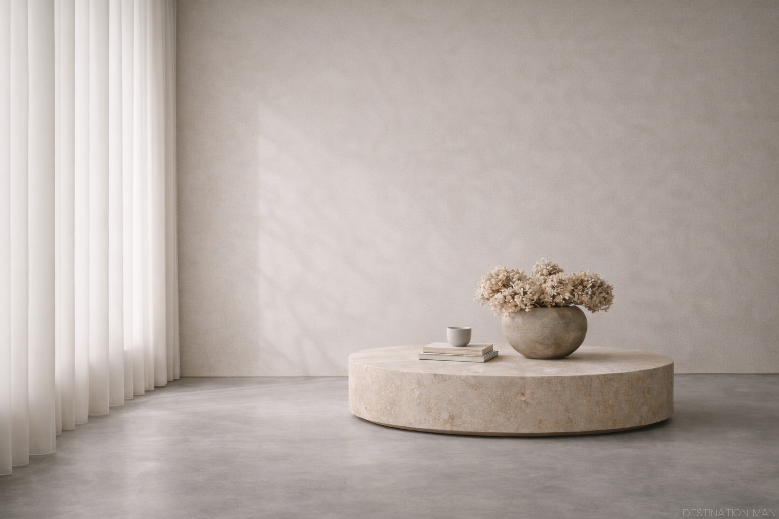 Minimalist warm interior with natural stone table, abundant negative space, and soft natural light demonstrating luxury through restraint