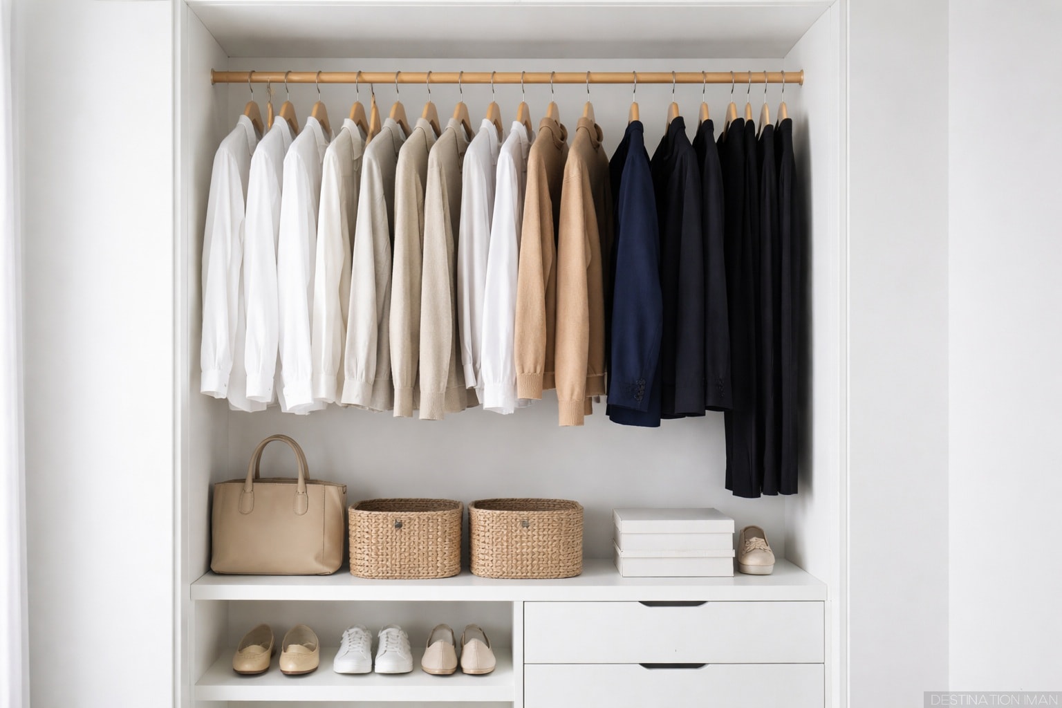 Minimalist organized capsule wardrobe with neutral colored clothing neatly arranged on hangers in modern closet