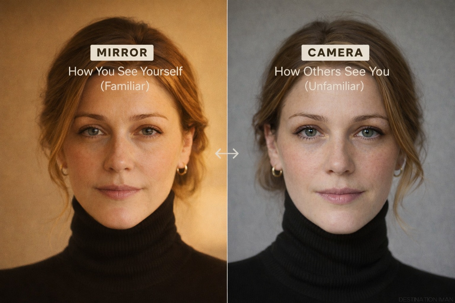 Split-screen comparison showing the same woman's face as mirrored reflection with warm lighting versus true camera orientation with cool lighting, illustrating why photos look unfamiliar