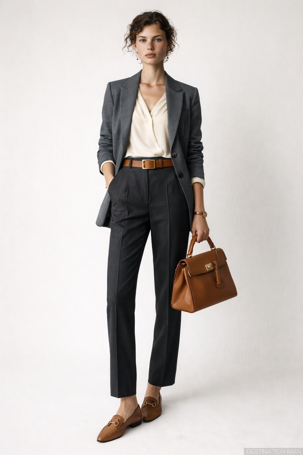 Woman wearing mixed warm and cool neutrals successfully using 70/30 rule with cool gray blazer and warm cream accessories