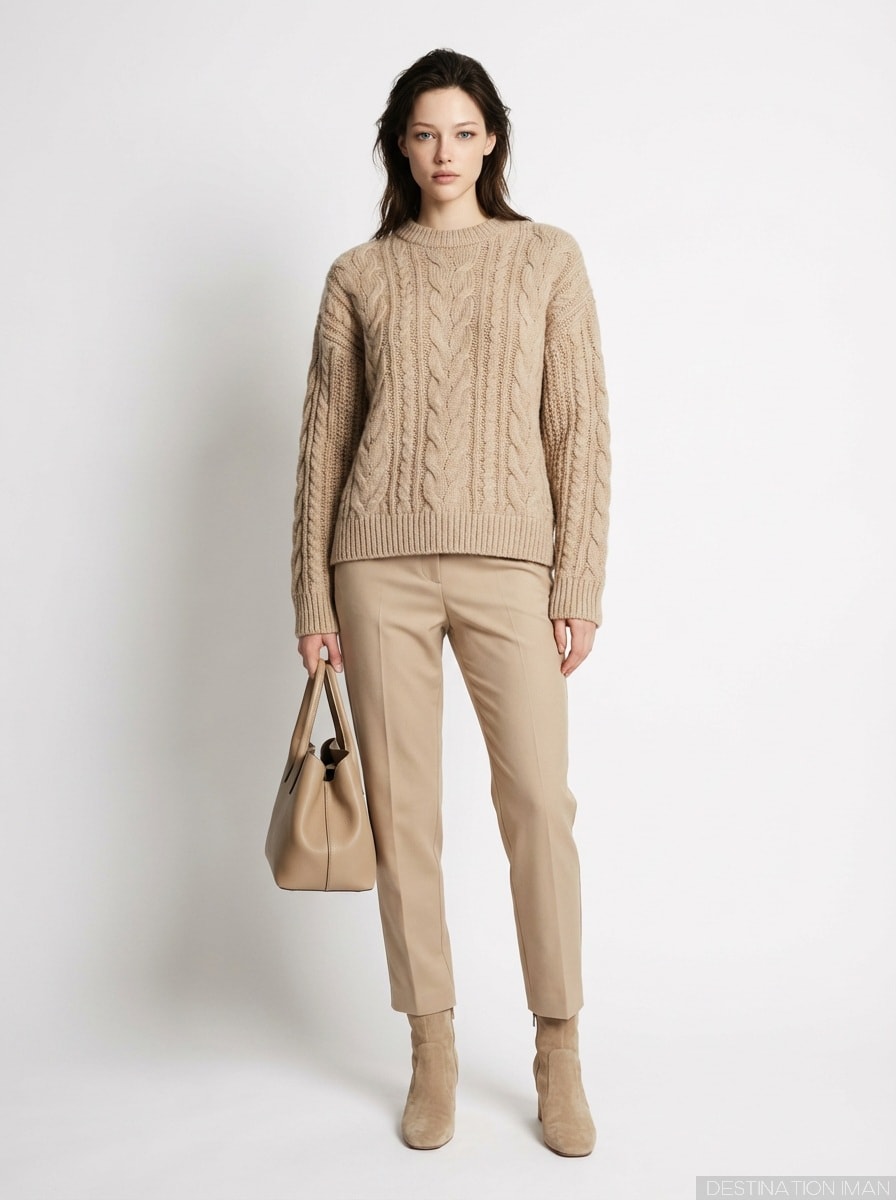Woman wearing monochromatic beige outfit demonstrating texture variation with cable-knit sweater, tailored trousers, and suede boots