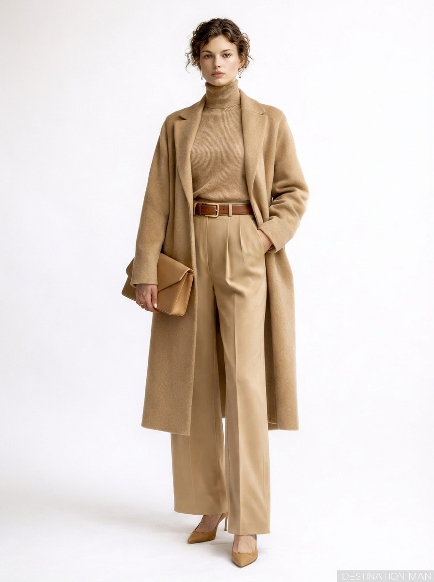 Woman wearing monochromatic neutral outfit demonstrating elegant color coordination