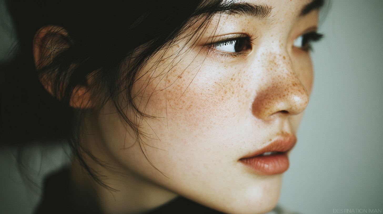 Natural beauty portrait with freckles and soft lighting, illustrating authentic human-centered aesthetics over algorithmic perfection