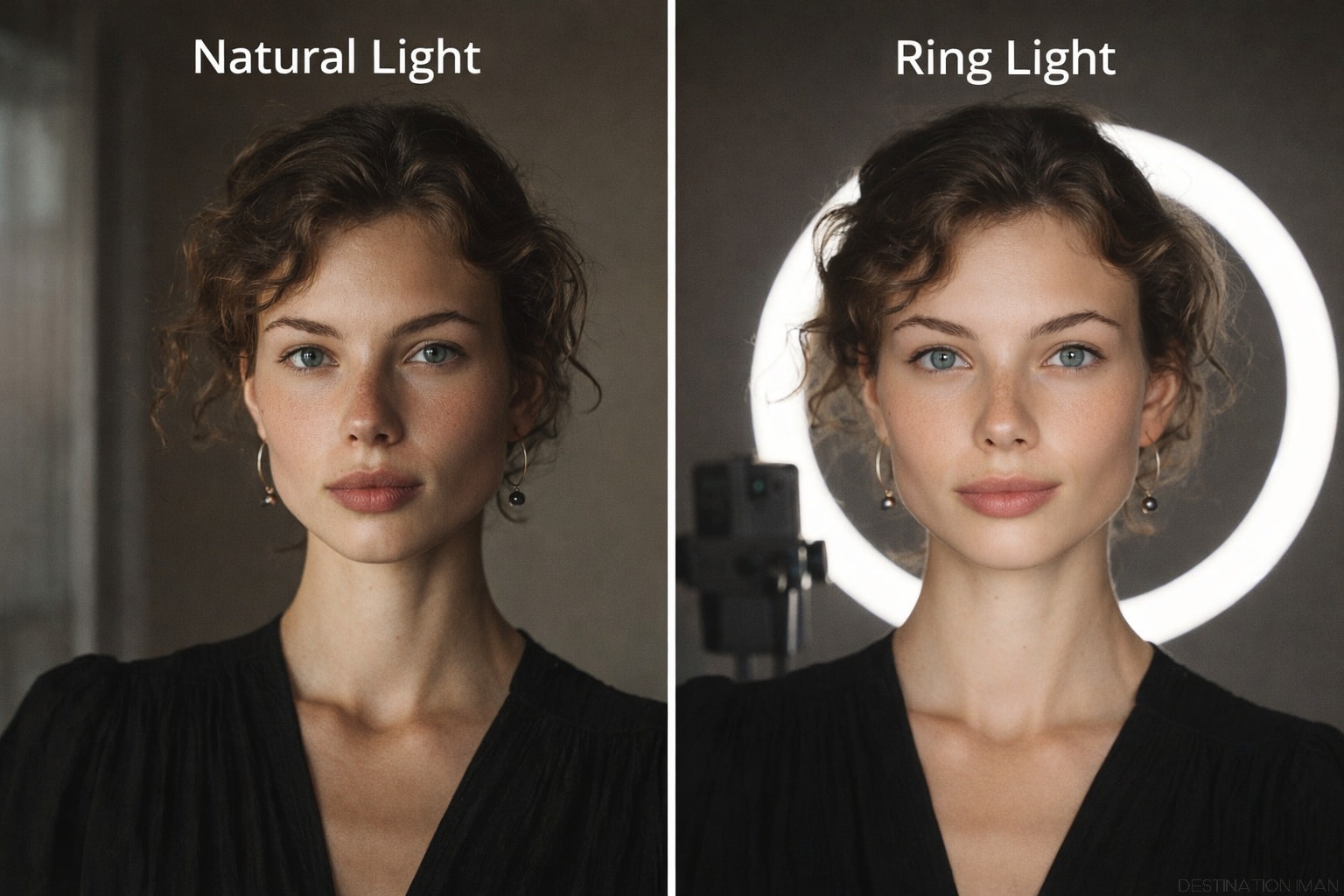 Side-by-side comparison showing how natural window light creates dimensional shadows versus ring light which produces flat, camera-optimized illumination