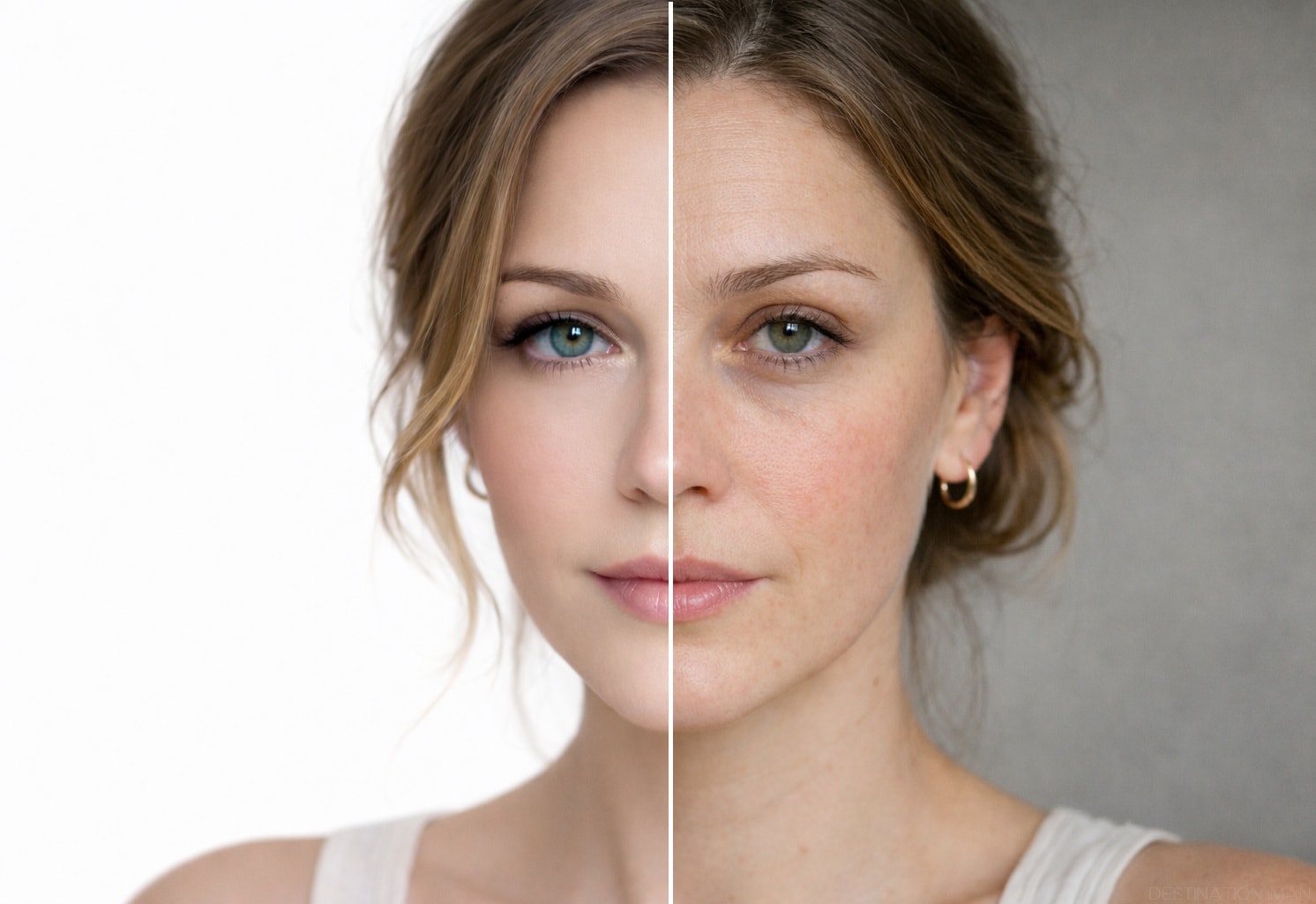 Split comparison of natural face versus digitally filtered appearance showing how beauty filters and digital enhancement reshape perception
