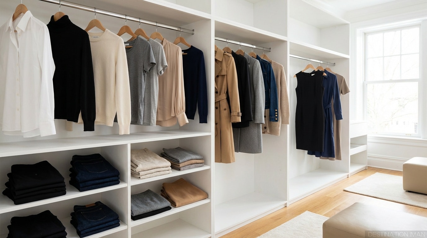 Organized display of neutral capsule wardrobe essentials including shirts, trousers, coats, and accessories
