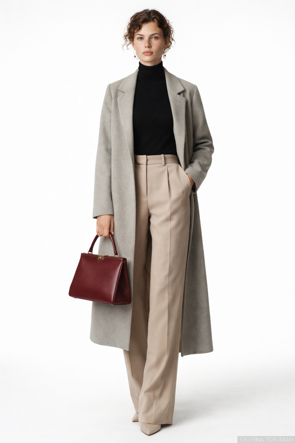 Woman in all-neutral outfit with single burgundy leather handbag as accent piece demonstrating restrained color use