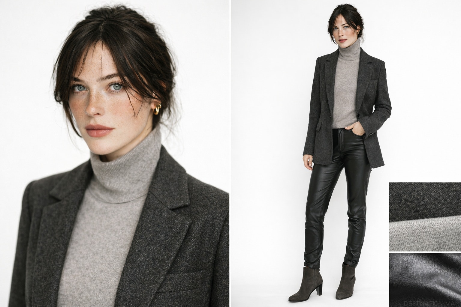 Neutral outfit demonstrating texture contrast with structured wool blazer, soft cashmere sweater, and leather pants
