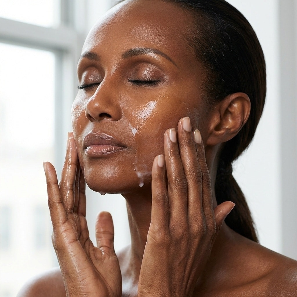 Oil cleansing method demonstration showing massage and emulsification to remove makeup and sunscreen
