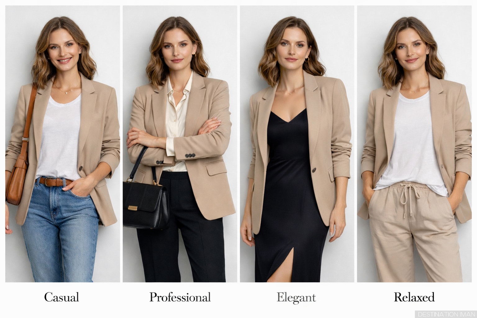 One beige blazer styled four different ways showing versatility in capsule wardrobe