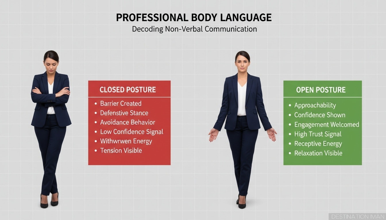 Educational diagram showing full-body comparison: left side shows woman with closed defensive posture - arms crossed, legs crossed, torso turned away, hunched shoulders, contracted space with red X markers; right shows open confident posture - arms relaxed, balanced stance, torso forward, shoulders back, expansive space with green checkmarks