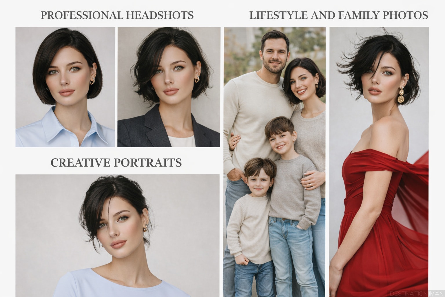 Examples of appropriate outfits for different photo types - professional headshots, lifestyle family photos, and creative portraits