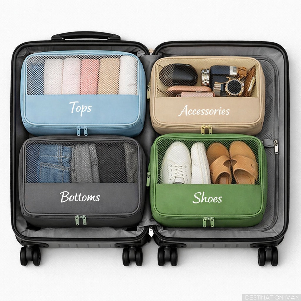 Packing cubes organizing travel wardrobe in carry-on luggage showing efficient space utilization