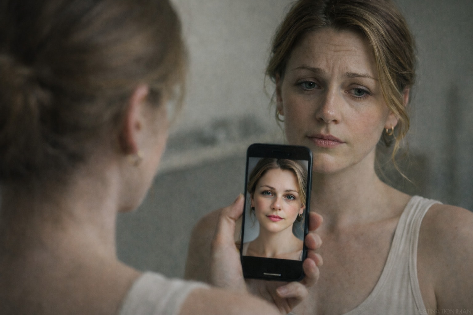 Woman comparing her natural mirror reflection with a digitally enhanced version of herself on a smartphone screen, illustrating the perceptual split between reality and digital appearance