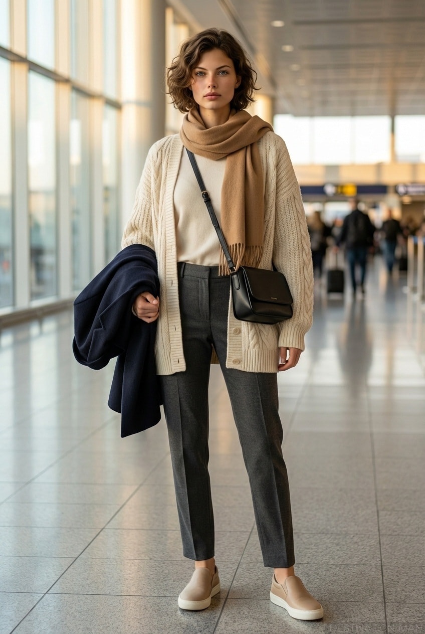 Woman wearing ideal airport travel outfit - comfortable trousers, layers, blazer, slip-on shoes, structured bag