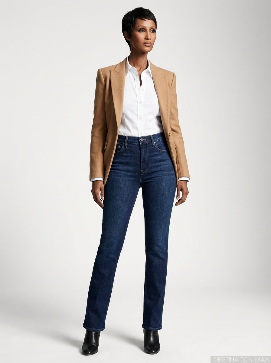 Woman wearing dark-wash jeans with classic straight-leg fit demonstrating polished denim styling