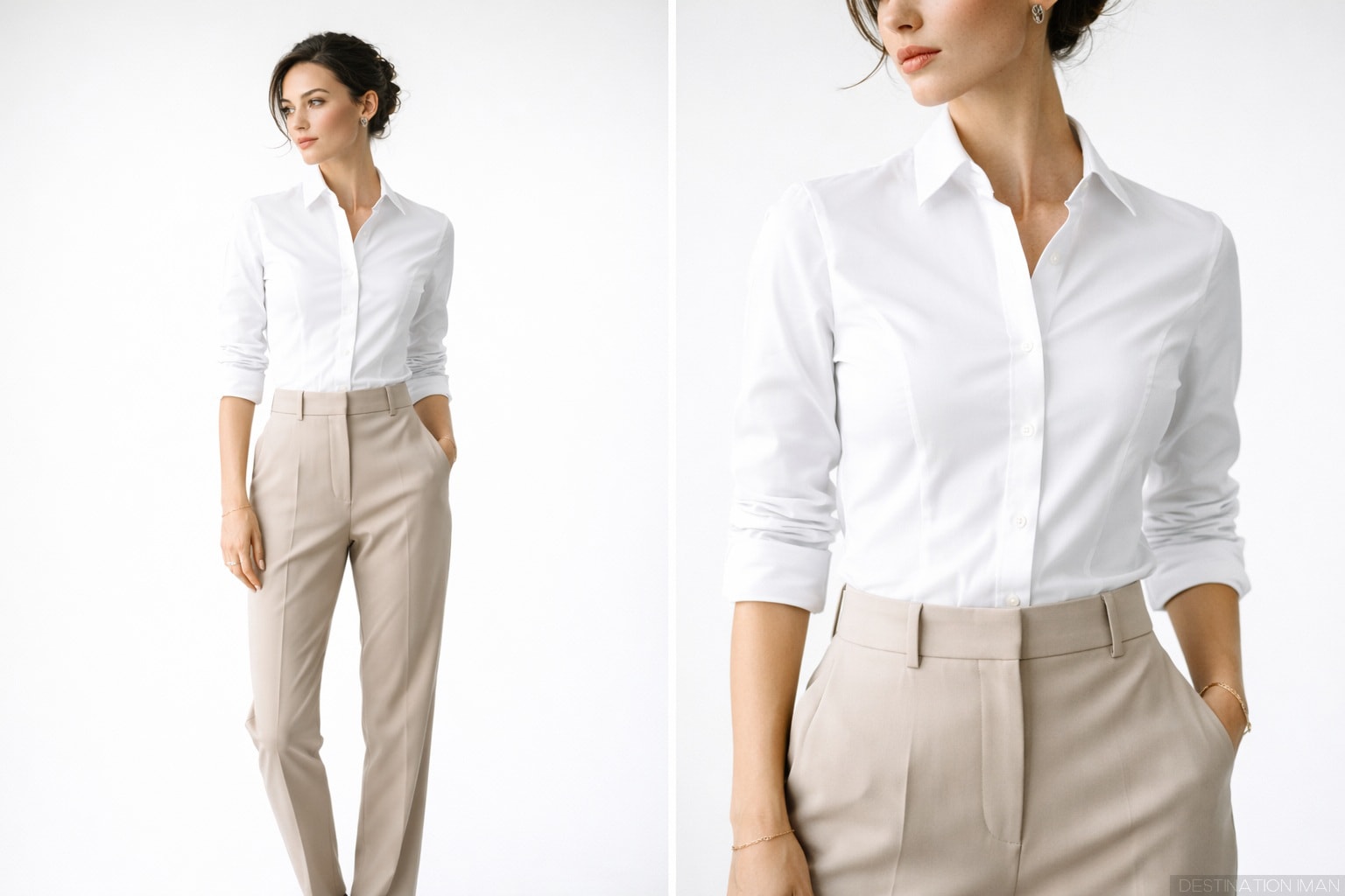Woman wearing perfect white button-up shirt demonstrating classic fit and styling versatility