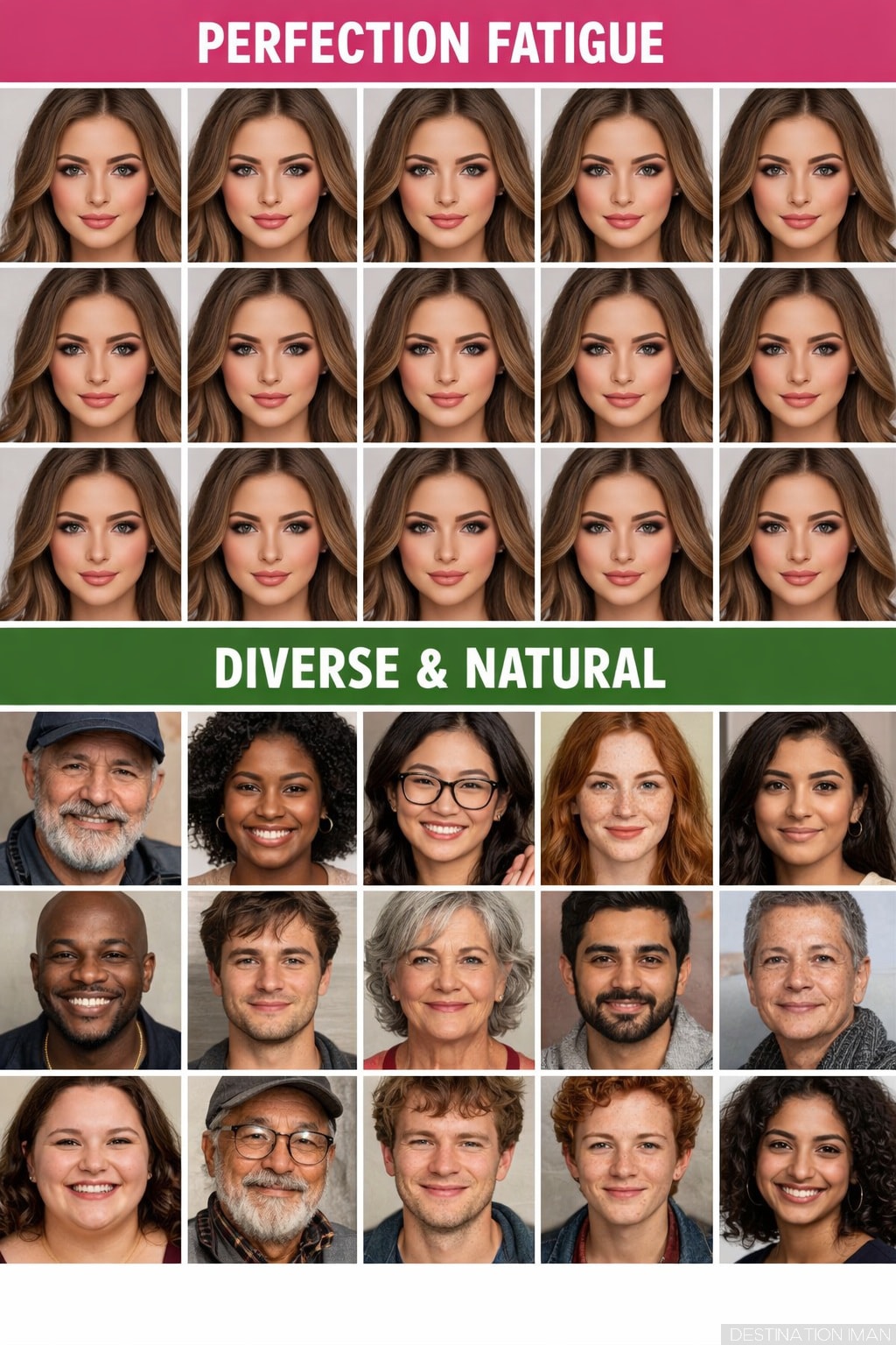 Visual comparison showing perfection fatigue: top grid displays repetitive identical filtered faces demonstrating monotony of digital perfection, while bottom grid shows diverse natural faces with visible texture, aging, and individual character across different ages, ethnicities, and styles