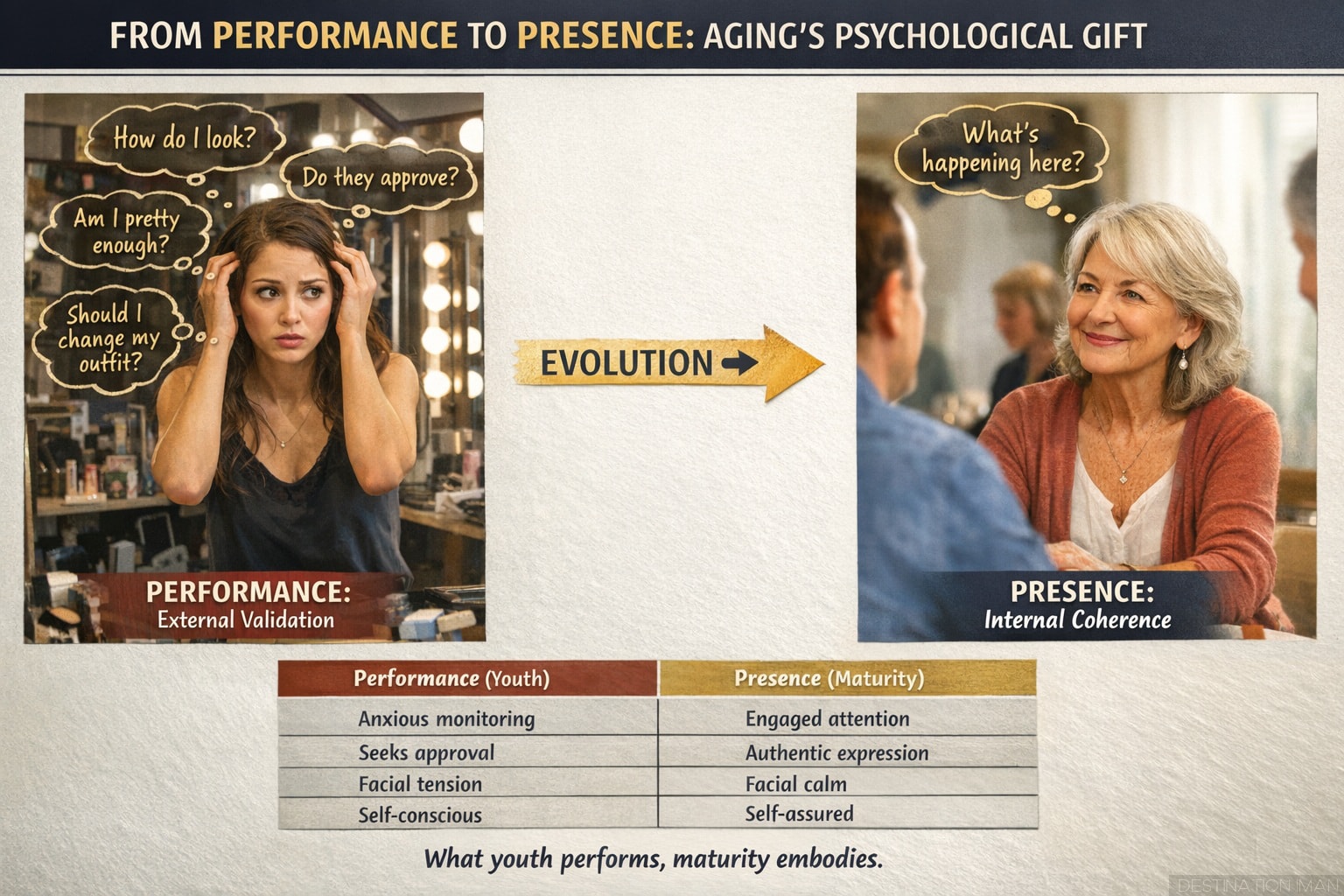 Split comparison showing youthful performance (anxious self-monitoring, seeking approval, facial tension) versus mature presence (engaged attention, authentic expression, facial calm)