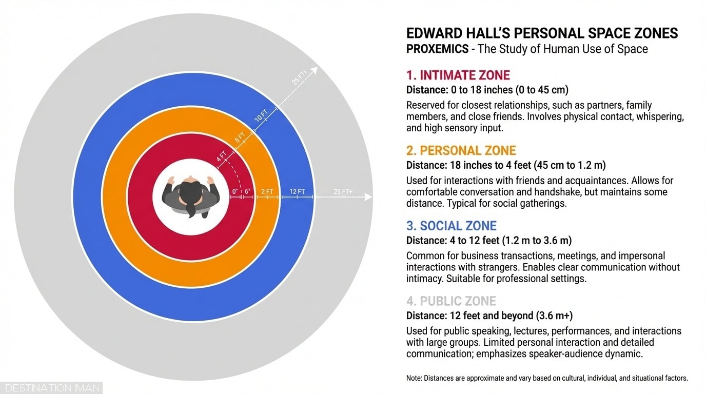 Edward Hall's proxemics diagram showing four concentric circles of personal space zones: intimate zone (0-18 inches) in red center, personal zone (18 inches-4 feet) in orange, social zone (4-12 feet) in blue, public zone (12+ feet) in grey, with overhead bird's eye view of person in center
