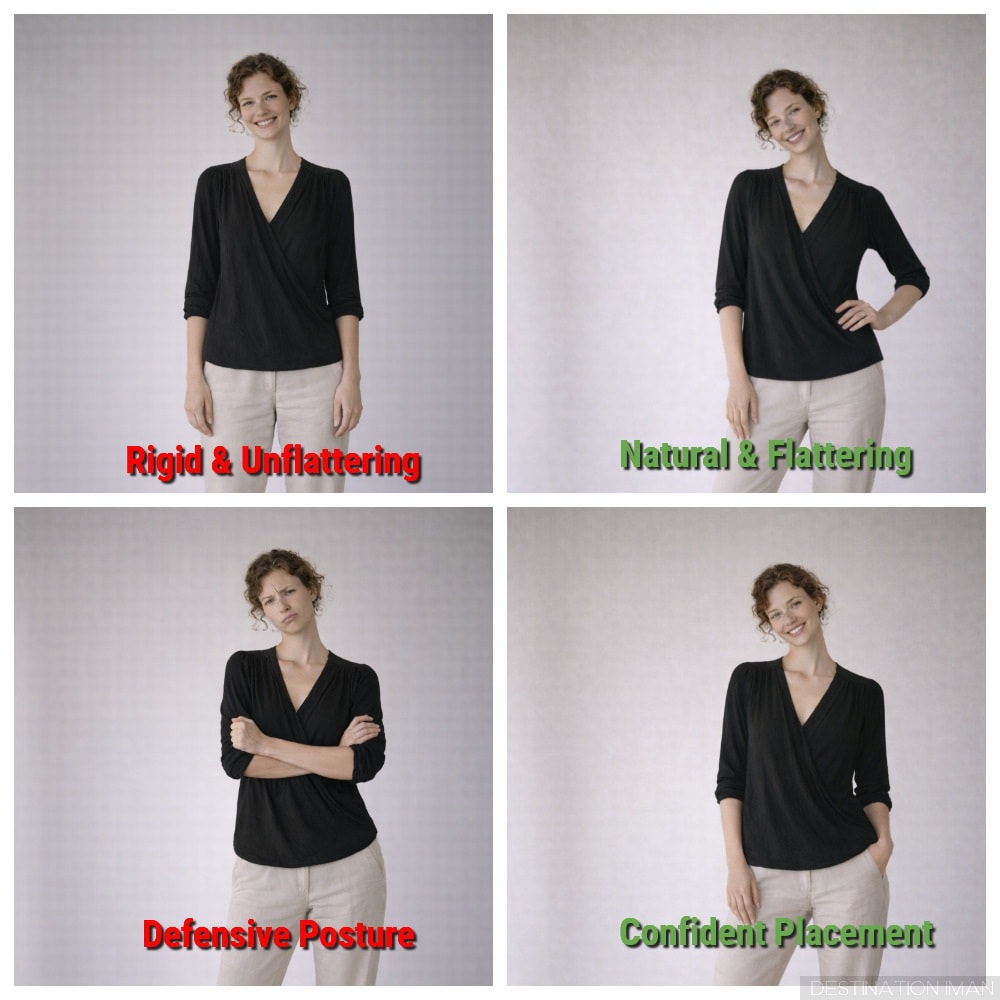Educational photo guide showing four poses: awkward rigid frontal stance, confident weight-shifted pose, tense arm positioning, relaxed natural arm placement, demonstrating photogenic body language principles