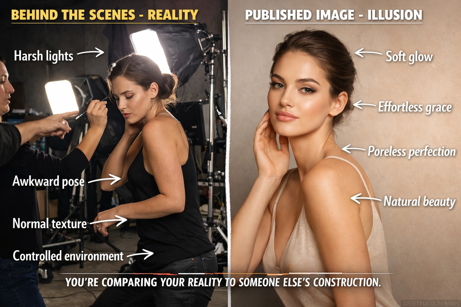 Before-and-after comparison showing photoshoot setup with harsh lighting and awkward pose versus final edited magazine-quality image with perfect lighting, retouched skin, adjusted proportions, revealing construction process of photographic beauty