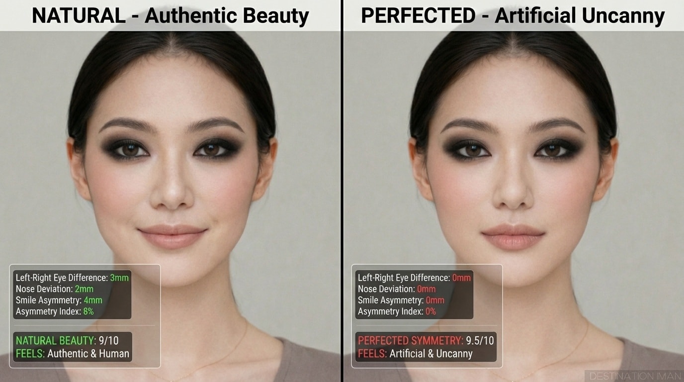 Before-after comparison showing natural face with slight asymmetries versus digitally perfected symmetrical version, demonstrating loss of character and uncanny quality in perfect version
