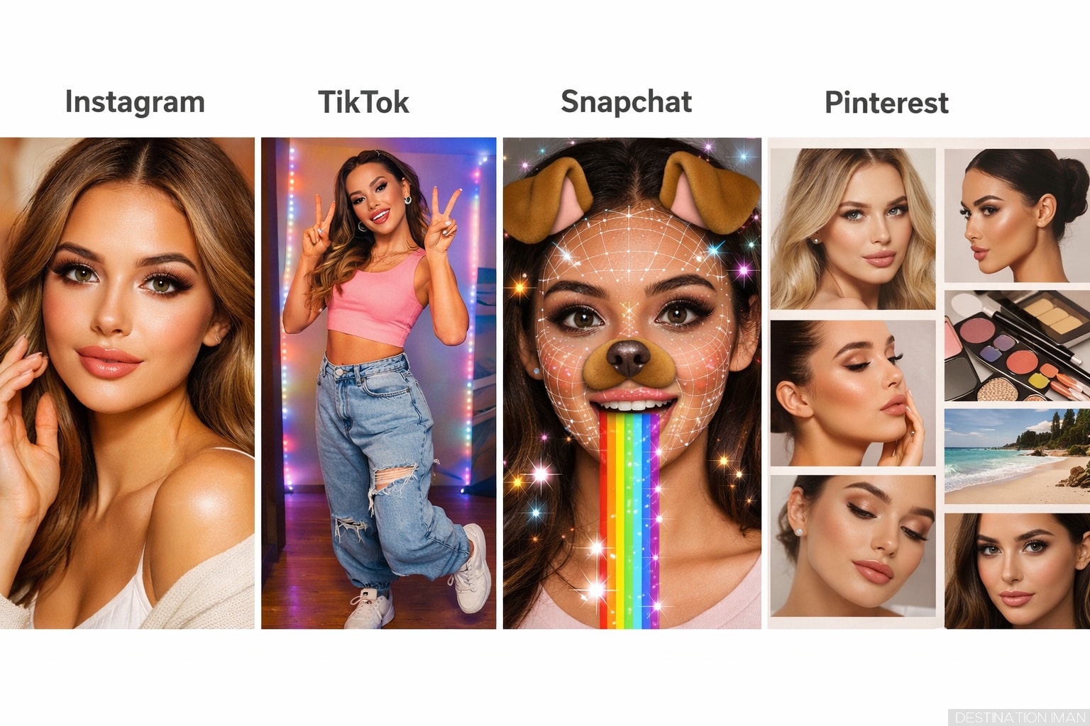 Comparison of beauty aesthetics across Instagram, TikTok, Snapchat, and Pinterest showing distinct platform-specific standards