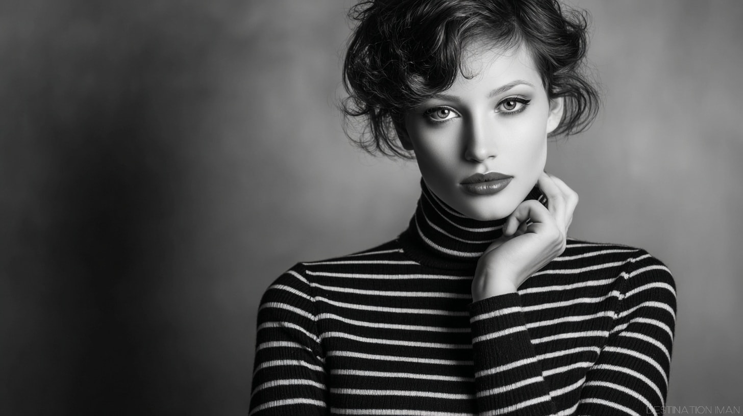 Professional portrait demonstrating correct posing technique - woman in striped turtleneck with graceful hand placement near neck, relaxed shoulders, and natural expression.