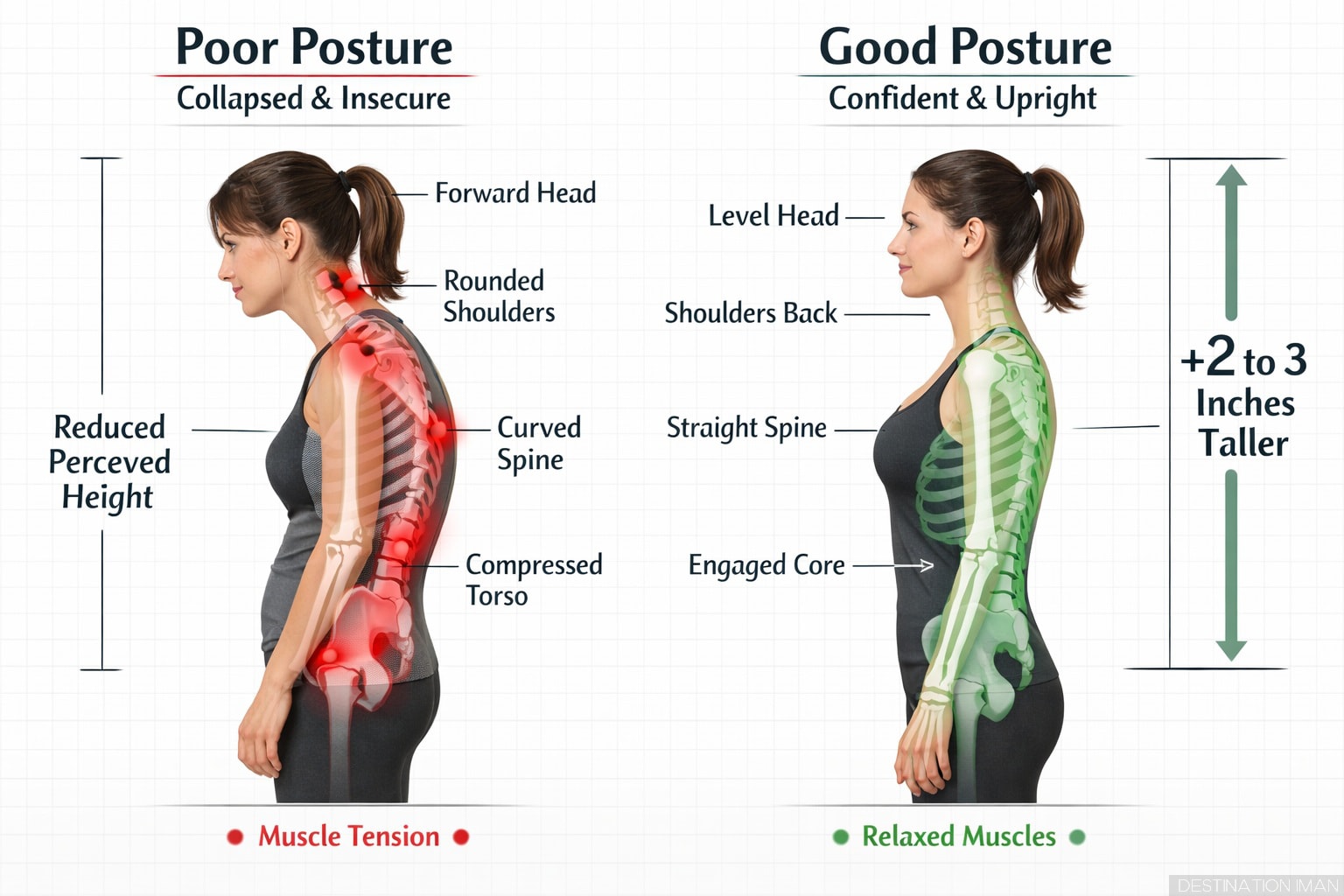 Anatomical comparison showing how confident upright posture elongates the spine and opens the chest versus collapsed insecure posture that compresses the torso, with overlay showing perceived height difference and proportion changes