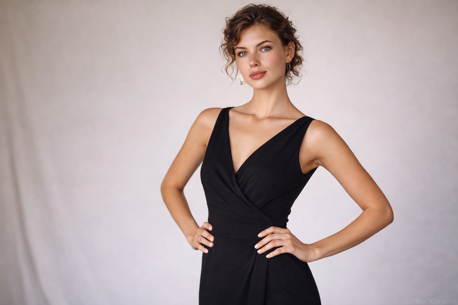 Fashion portrait demonstrating proper arm positioning with hands on hips creating space between arms and body