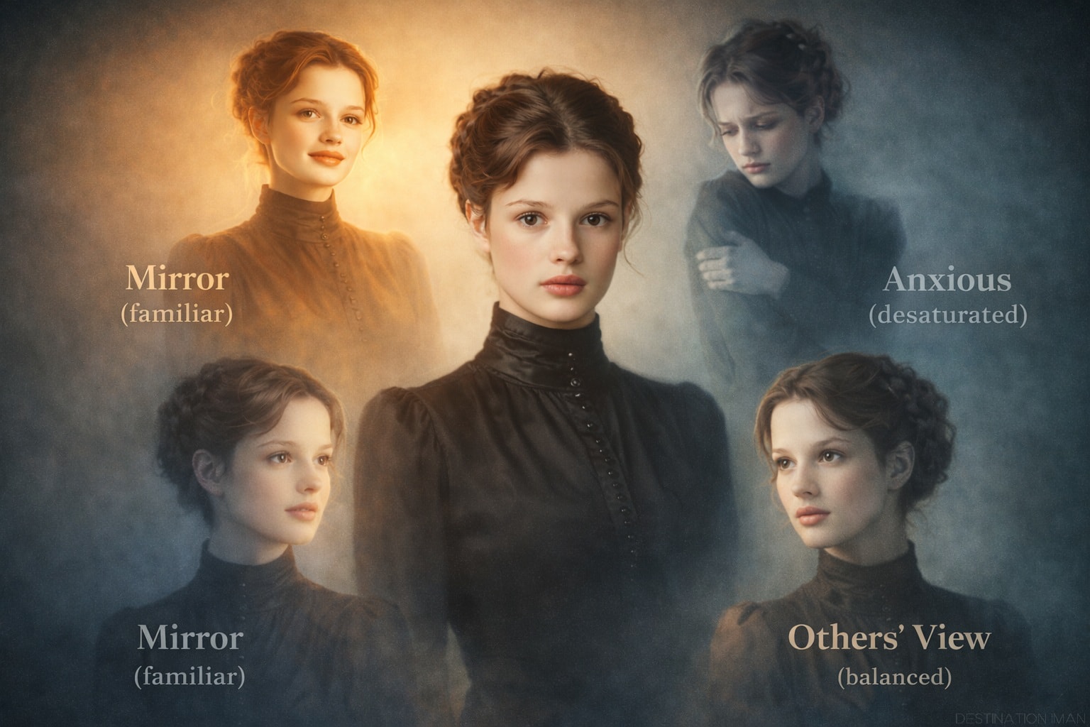 Conceptual portrait showing the same woman perceived four different ways: mirror reflection with warm familiar glow, anxious desaturated version, and balanced others' view, illustrating the psychology of appearance and fragmented self-perception