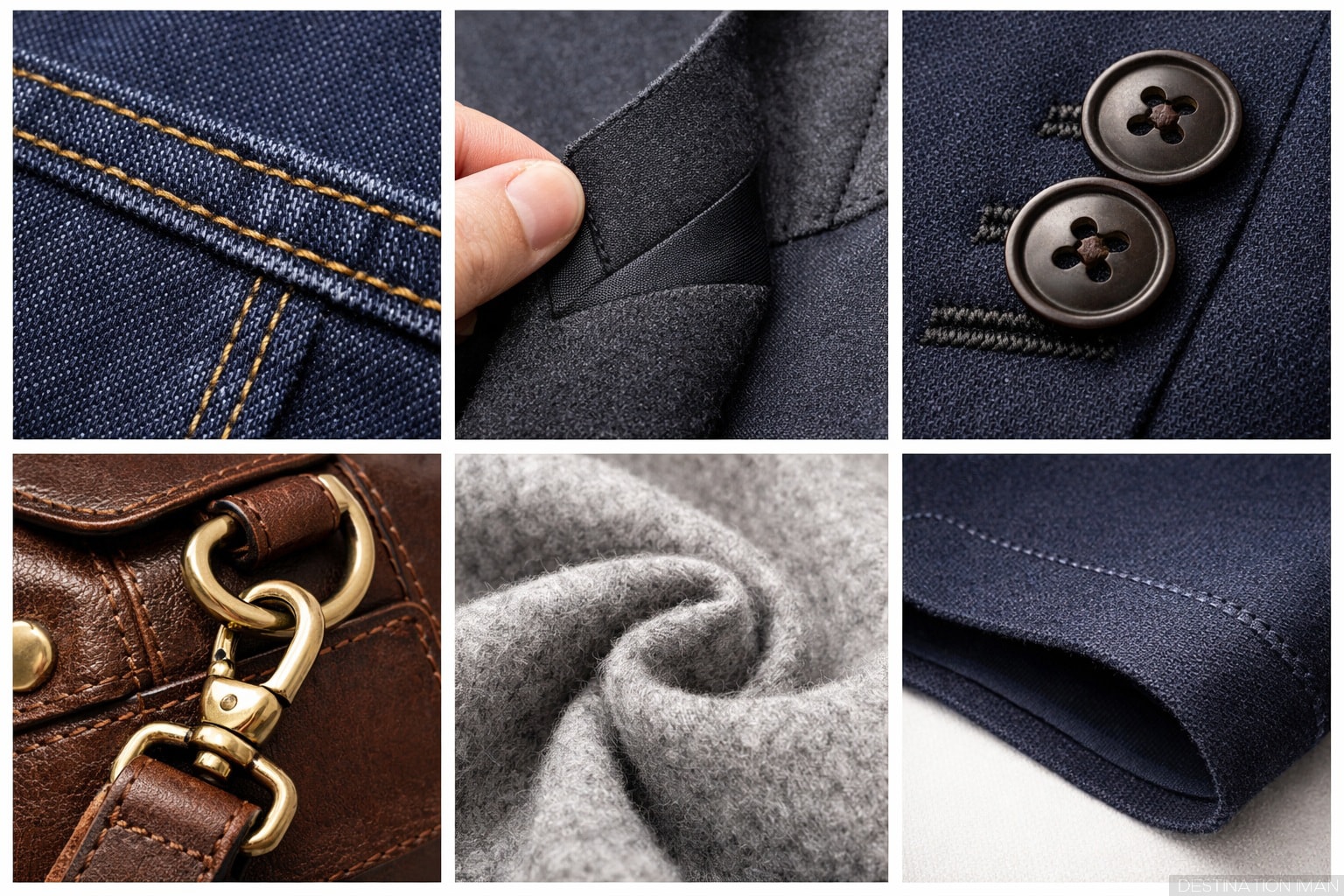 Close-up details showing quality indicators in clothing construction - reinforced seams, quality fabric, proper finishing