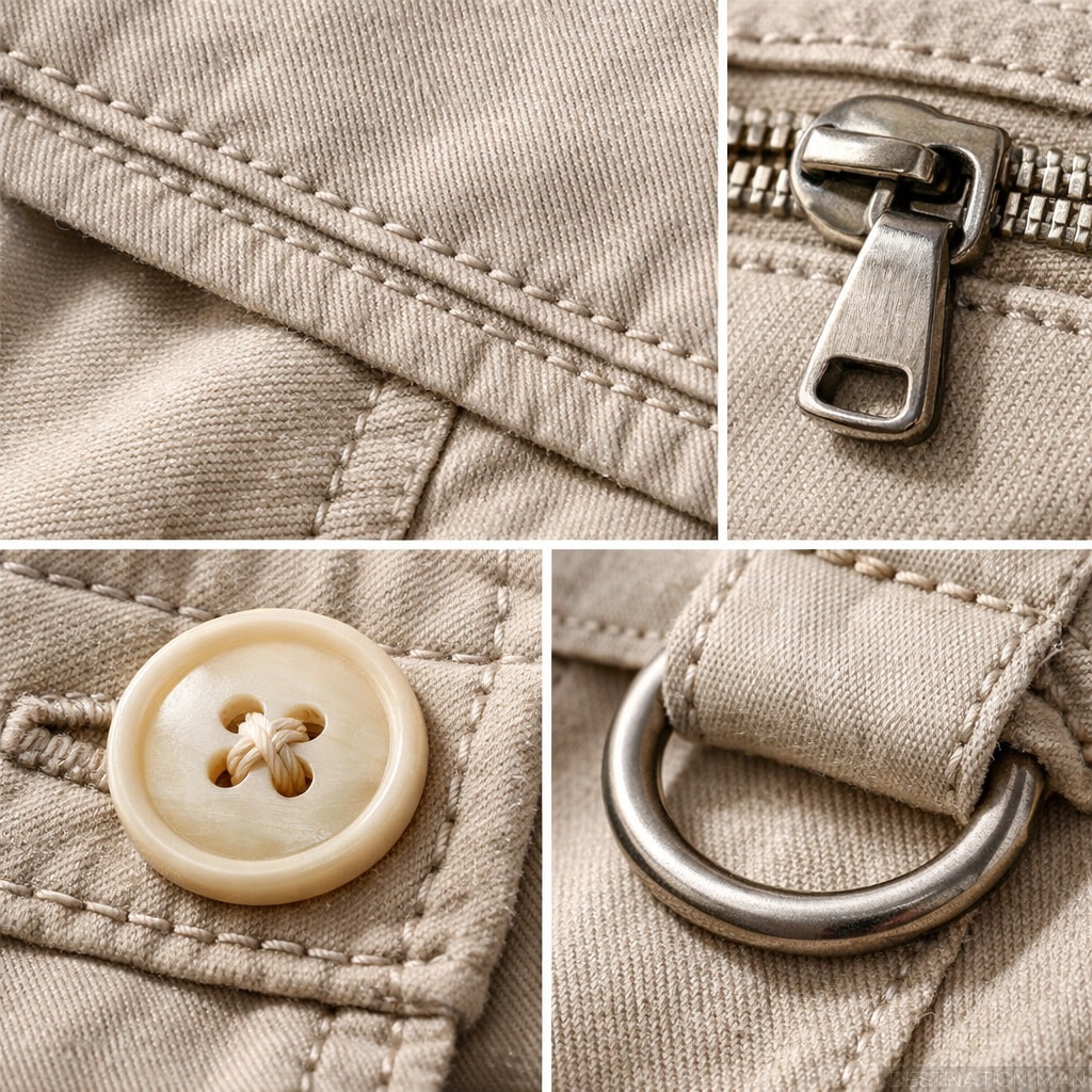 Close-up details showing quality indicators in clothing - well-finished seams, quality fabric, and proper construction