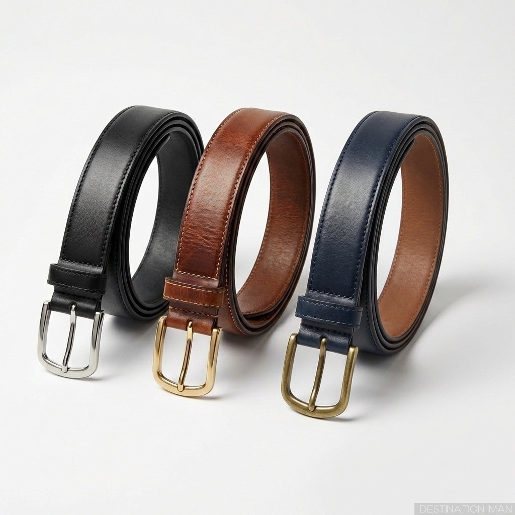 Three quality leather belts in neutral colors - black, brown, and navy with classic buckles