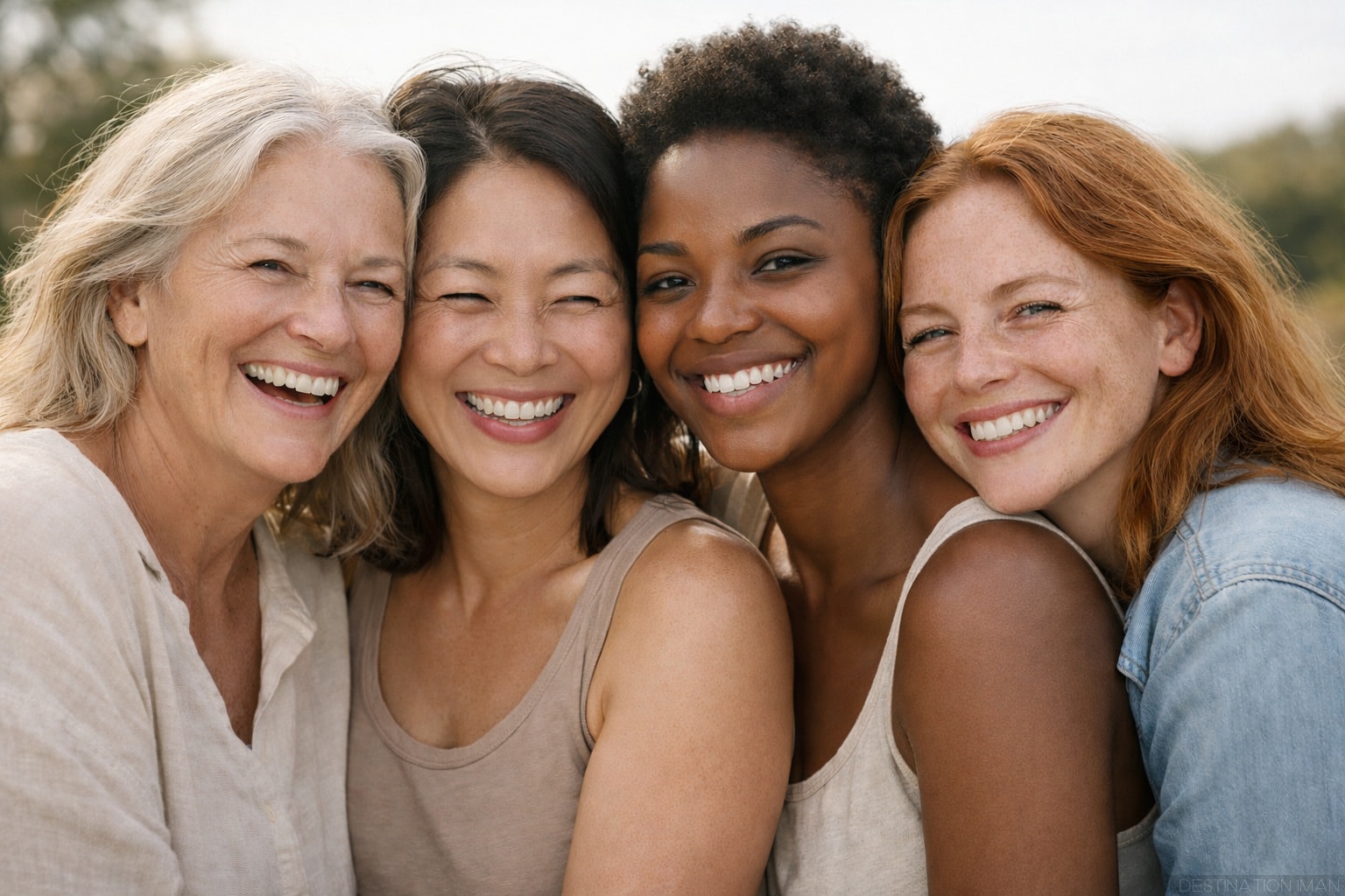 Diverse group of women celebrating natural unfiltered beauty with authentic smiles, representing the counter-movement to digital perfection