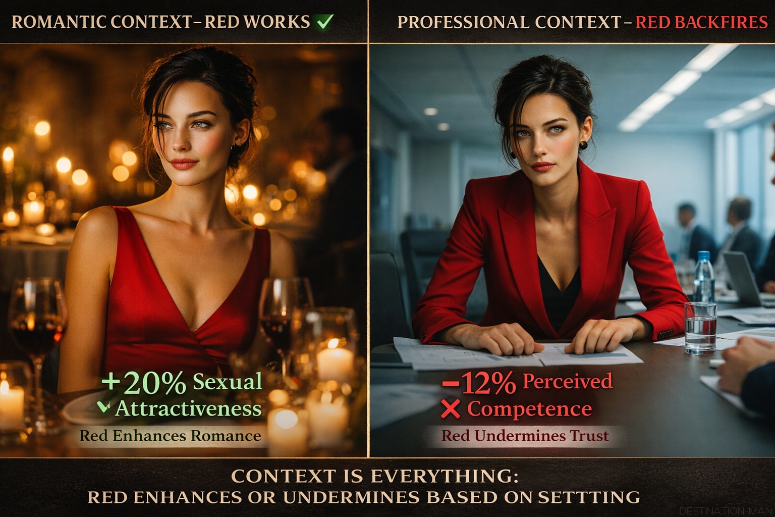 Split-screen showing woman in red dress at romantic dinner (positive context) versus woman in red suit at business meeting (negative context), demonstrating contextual modulation of red effect