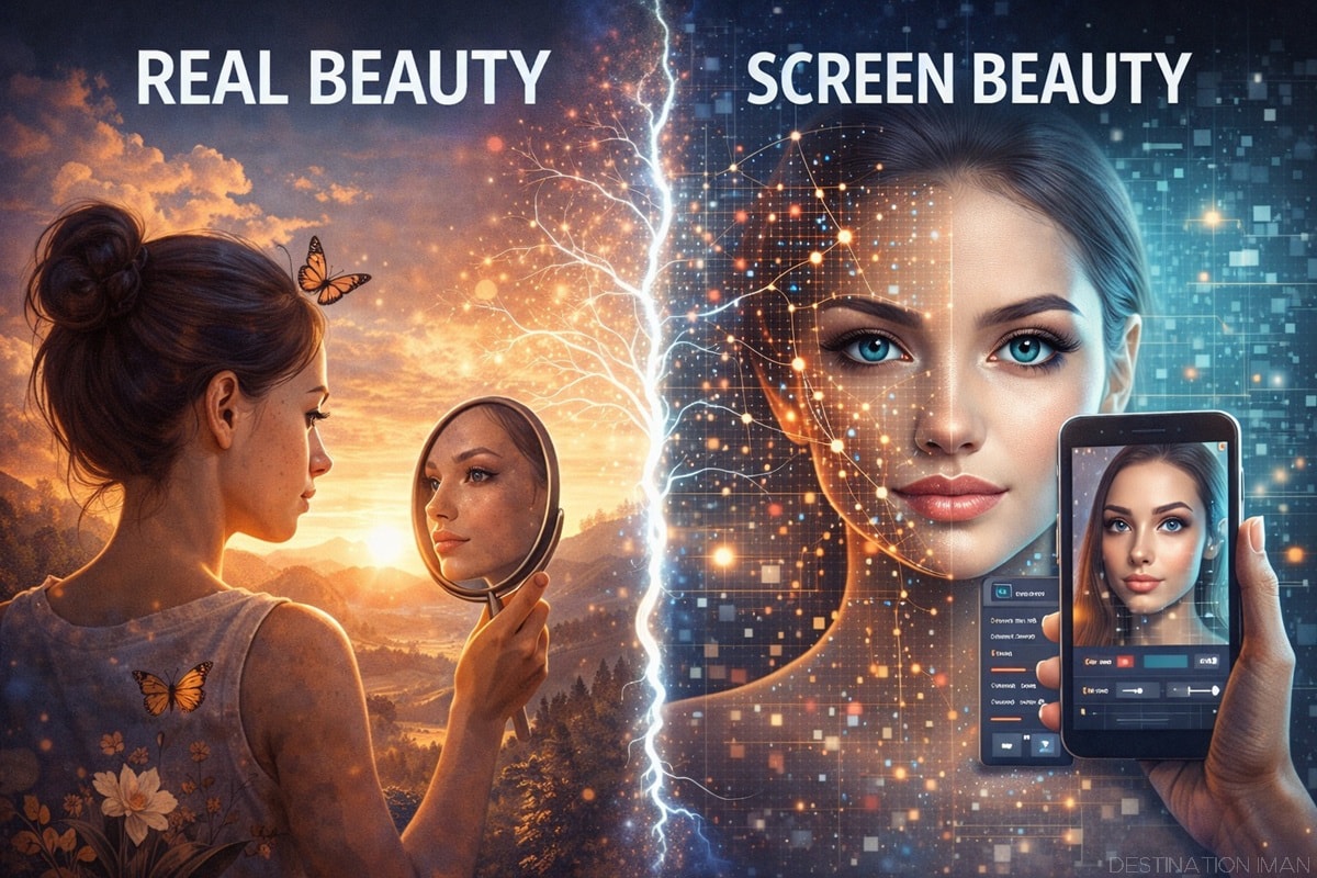 Illustration comparing screen-optimized beauty with natural real-life appearance in the digital age