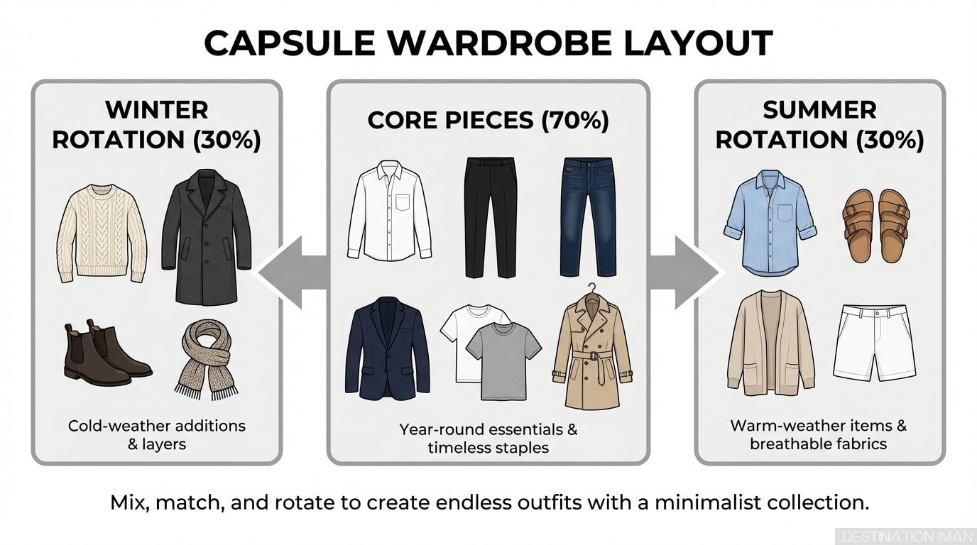 Side by side comparison showing winter and summer capsule wardrobe seasonal adjustments