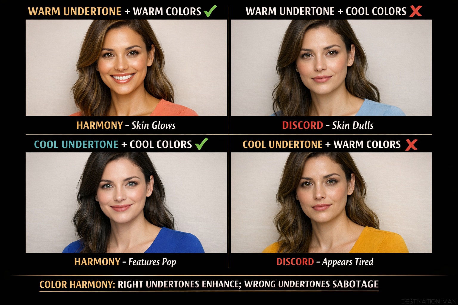 Four-panel comparison showing same woman in colors matching her warm undertone (vibrant appearance) versus cool undertone colors (dull appearance), demonstrating seasonal color theory principles