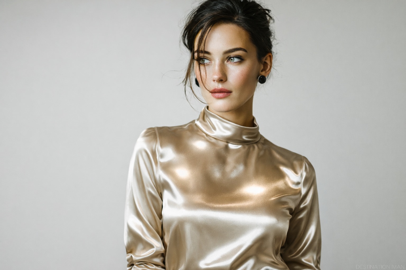 Portrait showing how shiny satin fabric creates strong light reflections and hotspots in photography