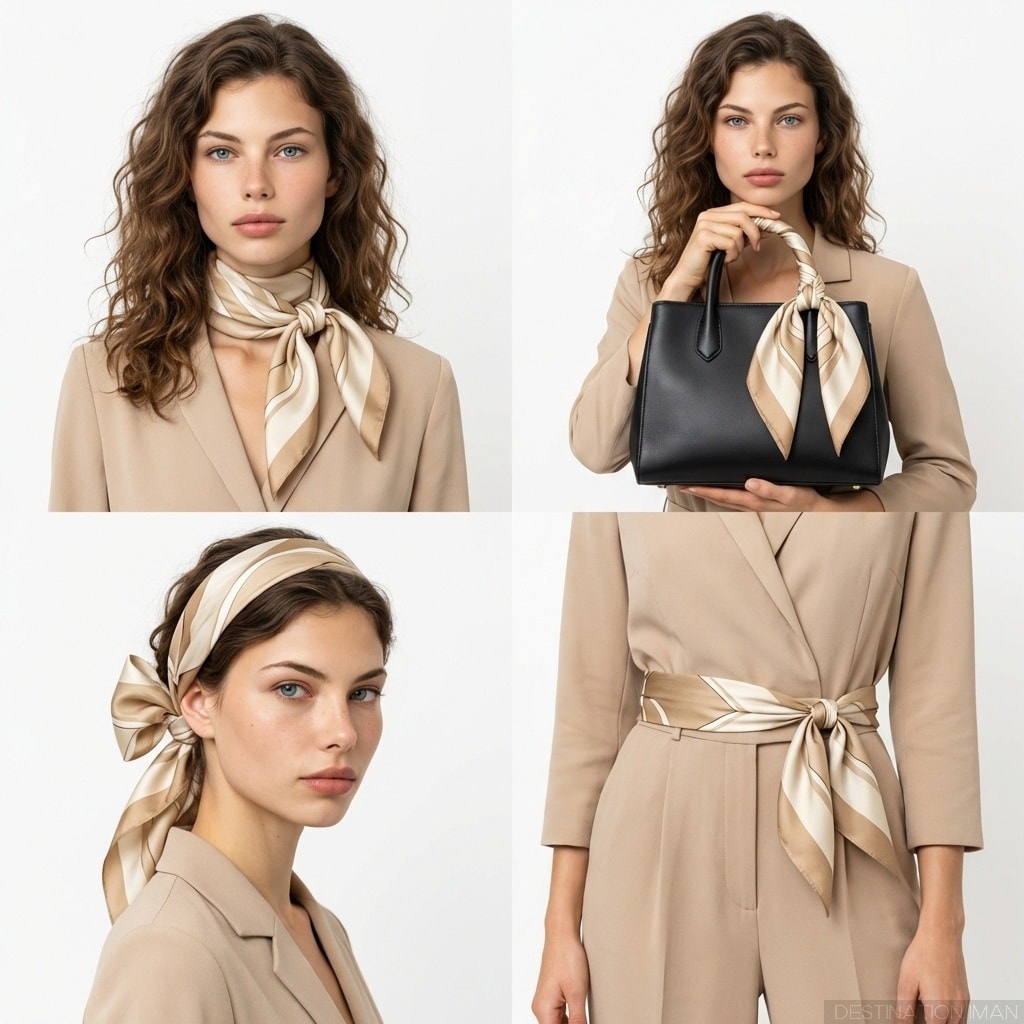 Silk scarf styled multiple ways showing versatility - around neck, as headband, on handbag, tied at waist